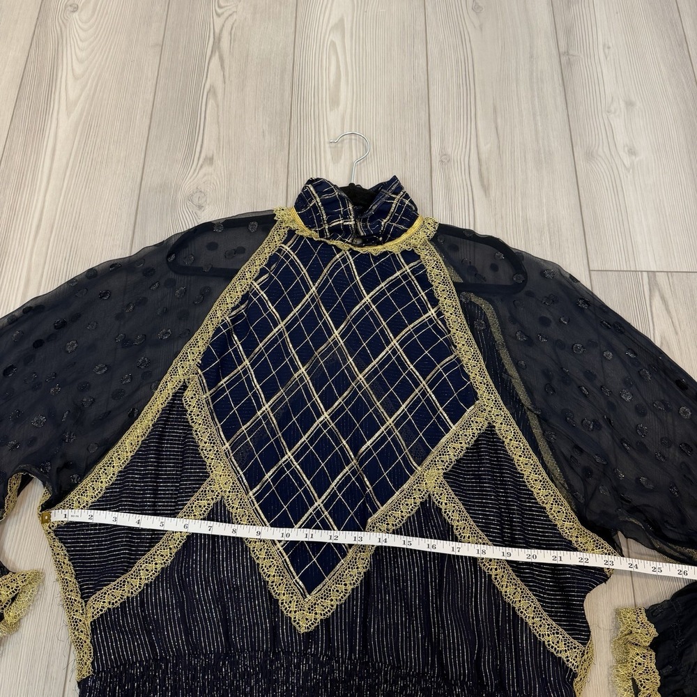 Koos Van Den Akker Couture 1980s Silk Blouse Shirt Sheer Pattern Navy Gold - Picture 6 of 14